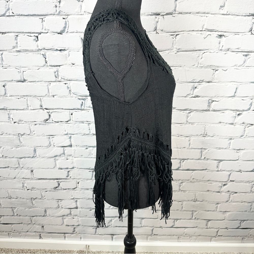 Open Crochet Knit Fringe Tank Top Cover Up Size Small Black Boho Festival Beach - Picture 4 of 9